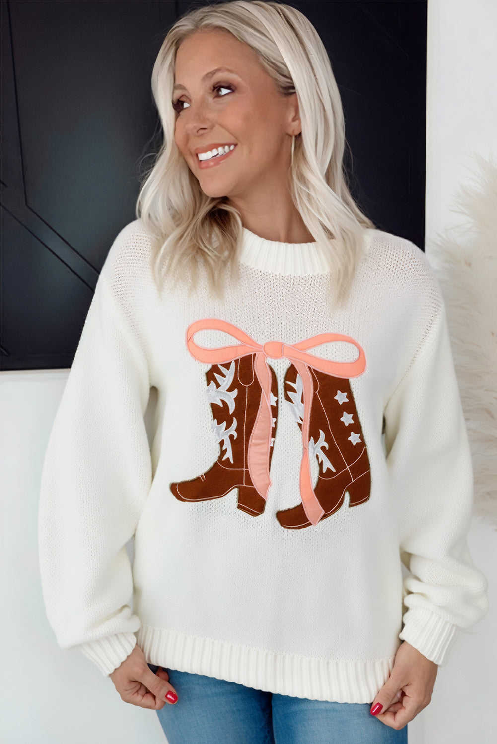 White Embroidered Bow Boots Graphic Drop Shoulder Sweater