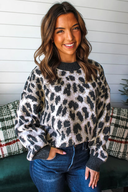 Carbon Grey Leopard Pattern Contrast Trim Round Neck Sweater