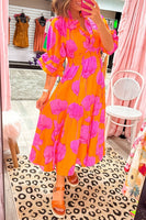 Orange Floral Print Frill Smocked V Neck 3/4 Sleeve Maxi Dress