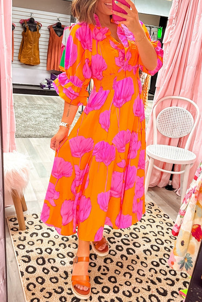 Orange Floral Print Frill Smocked V Neck 3/4 Sleeve Maxi Dress