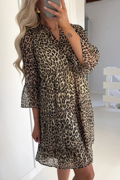Khaki Leopard 3/4 Sleeve V Neck Swing Dress