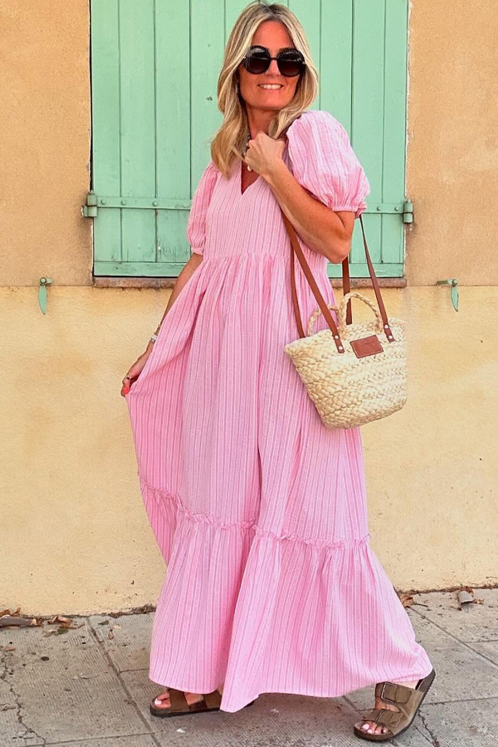 Pink Striped V Neck Puff Sleeve Frill Tiered Maxi Dress