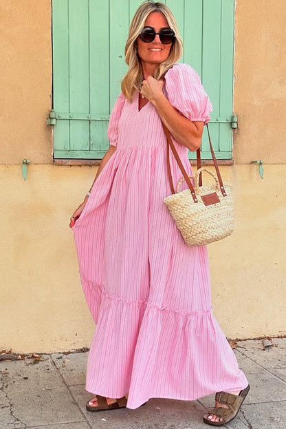 Pink Striped V Neck Puff Sleeve Frill Tiered Maxi Dress