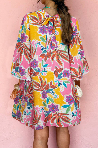 Pink Tropical Floral Bell Sleeve Loose Mini Dress