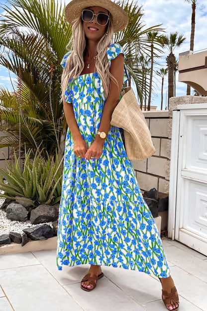 Blue Floral Print Square Neck Ruffled Strap Maxi Dress