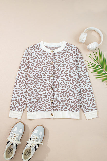 Khaki Leopard Drop Shoulder Knitted Cardigan