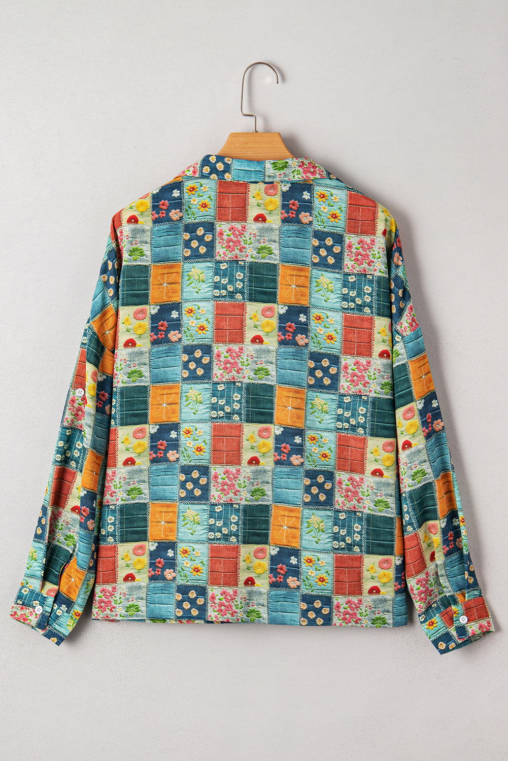 Sky Blue Floral Patchwork Collared V Neck Blouse
