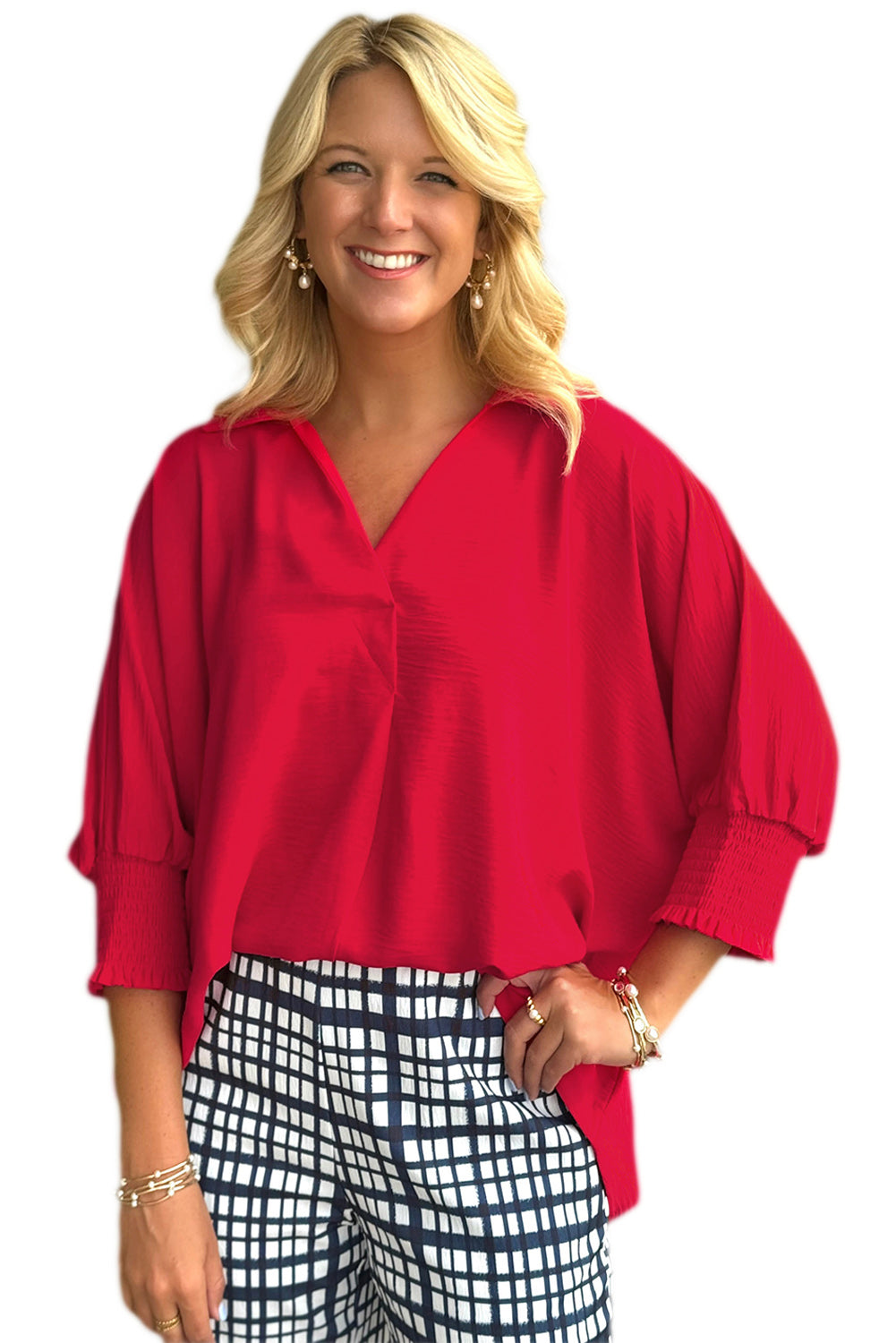 Fiery Red Solid Color Collared Loose Tunic Top