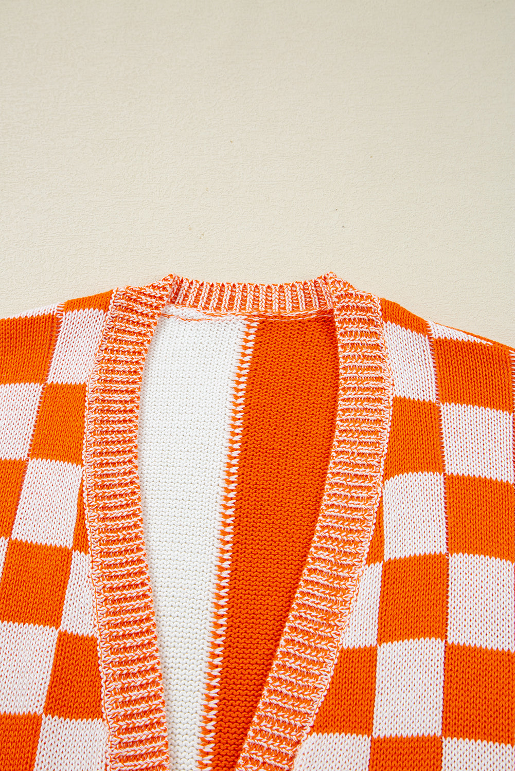 Orange Checkered Open Front Drop Shoulder Cardigan