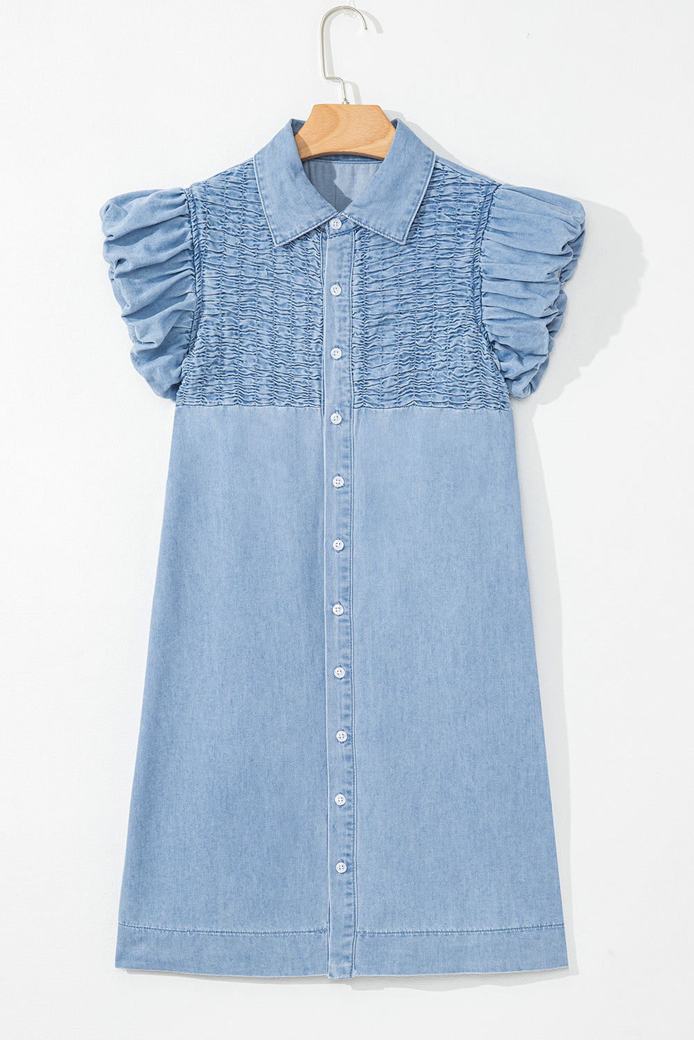Beau Blue Flutter Sleeve Shirred Button Up Denim Mini Dress