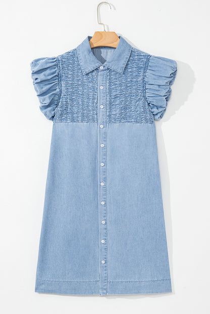 Beau Blue Flutter Sleeve Shirred Button Up Denim Mini Dress
