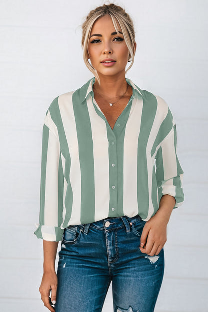 Green Striped Soft Relaxed Button Up Shirt
