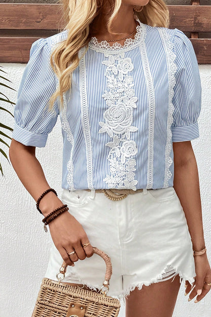 Sky Blue Striped Lace Floral Applique Puff Sleeve Blouse