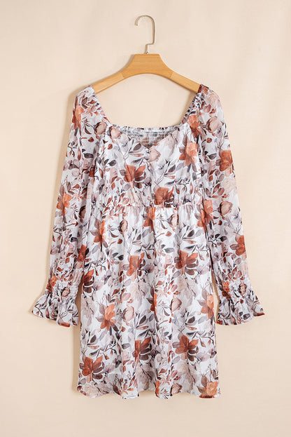 White Floral Print Sweetheart Neck High Waist Mini Dress