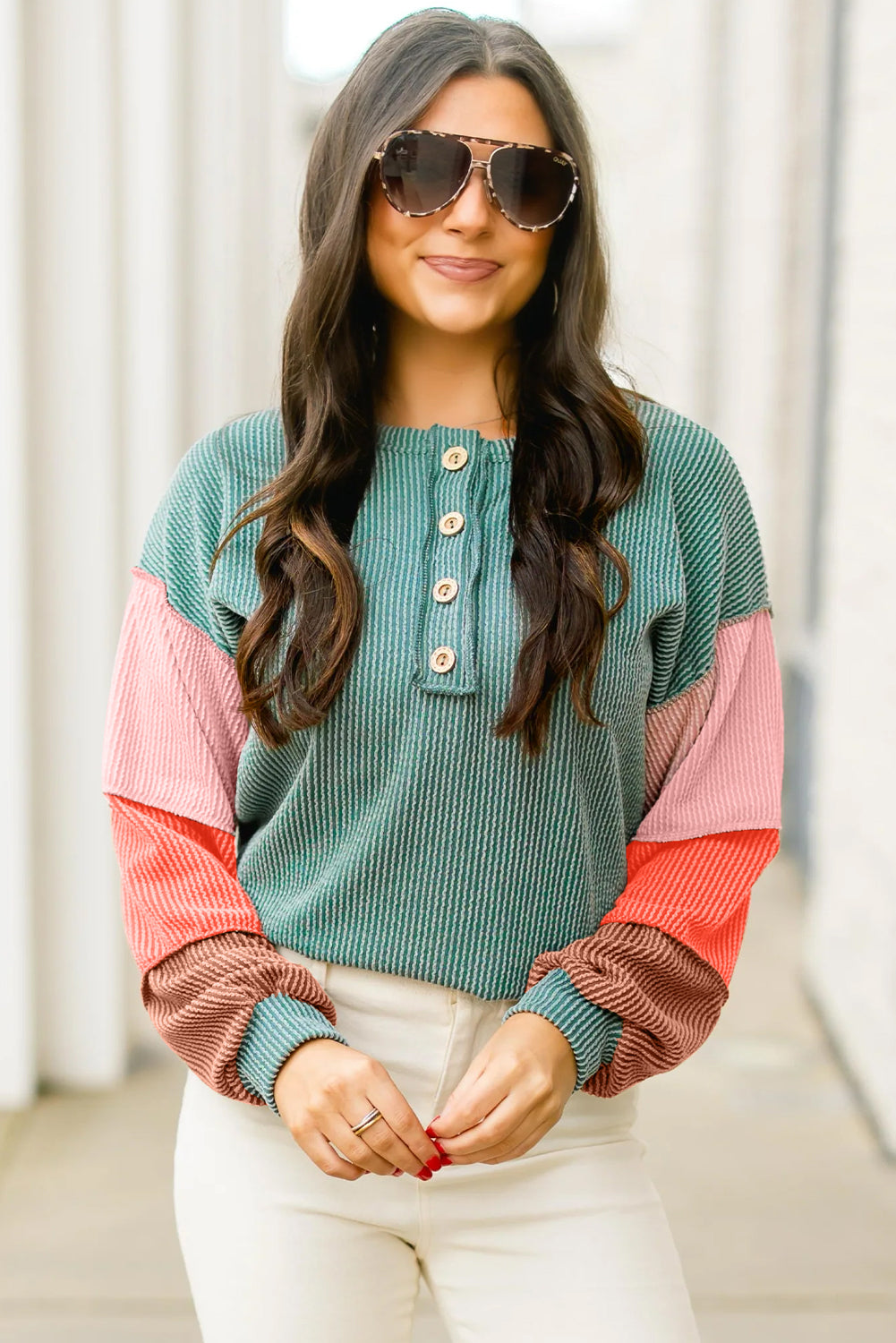 Multicolour Twisted Ribbed Colorblock Patchwork Henley Top