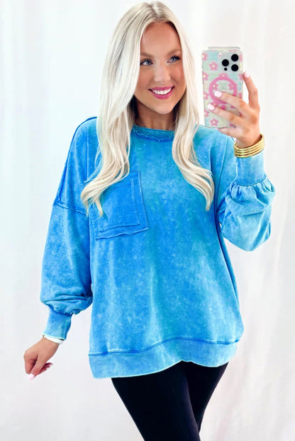 Blue Acid Washed Pocket Pullover Sweatshirt