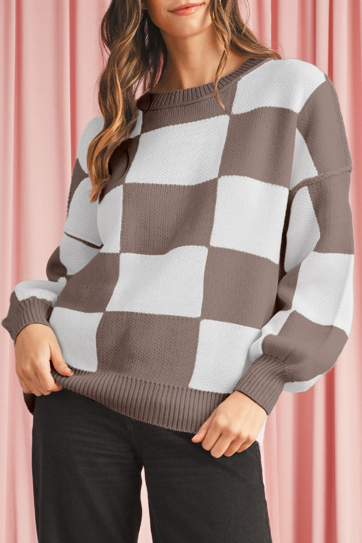 Dark Brown Plaid Bishop Sleeve Pullover Sweater