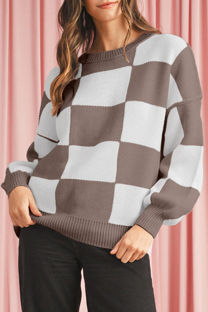 Dark Brown Plaid Bishop Sleeve Pullover Sweater