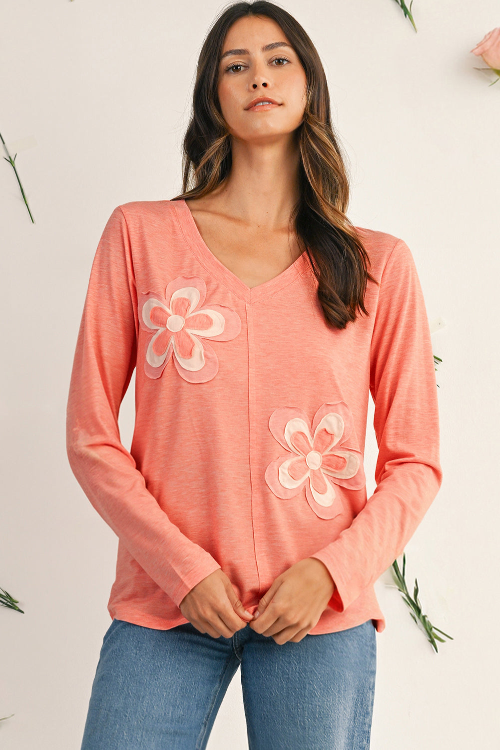 Fresh Salmon Floral Patched V Neck Long Sleeve Top