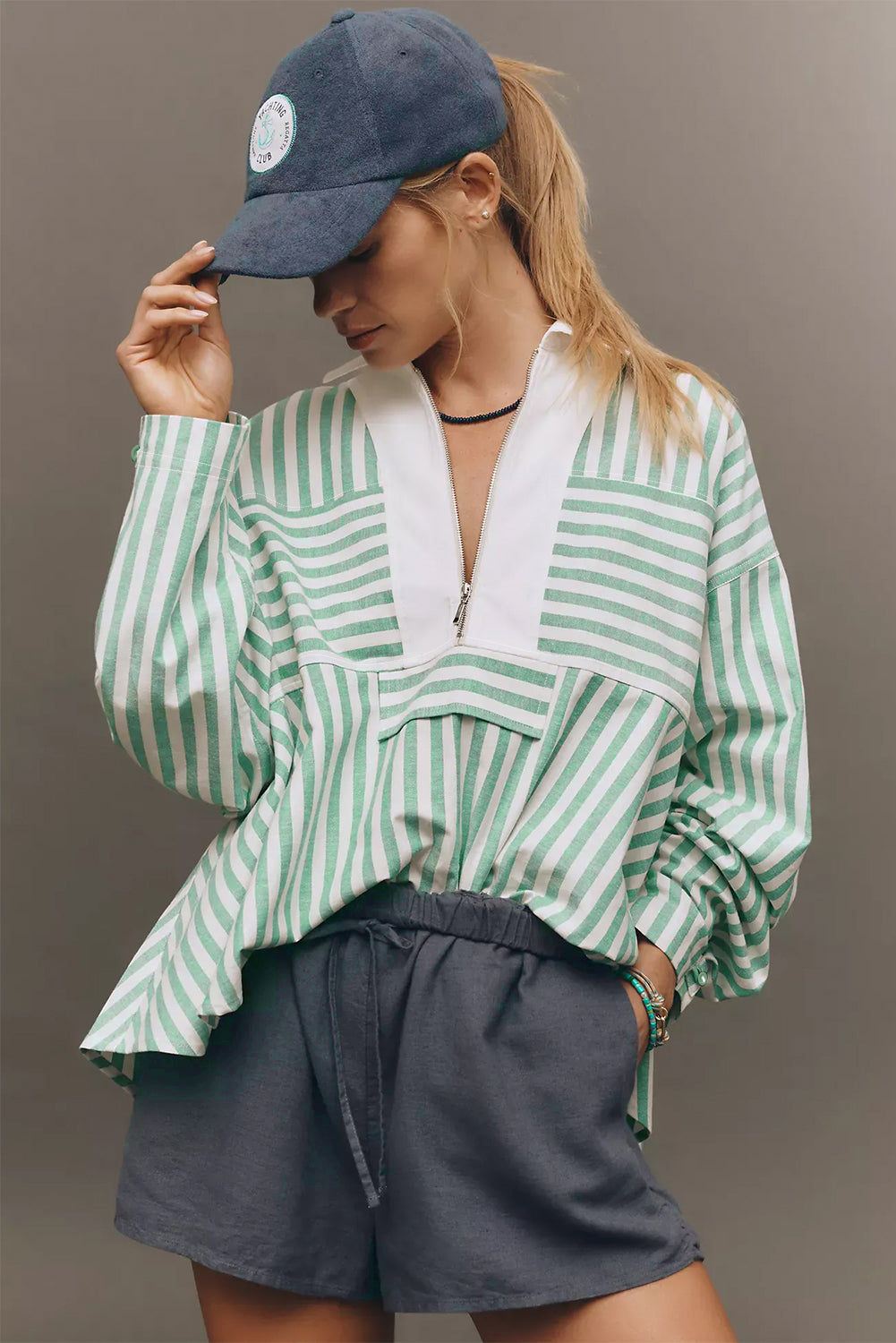 Green Striped Zipper Collar Long Sleeve Top