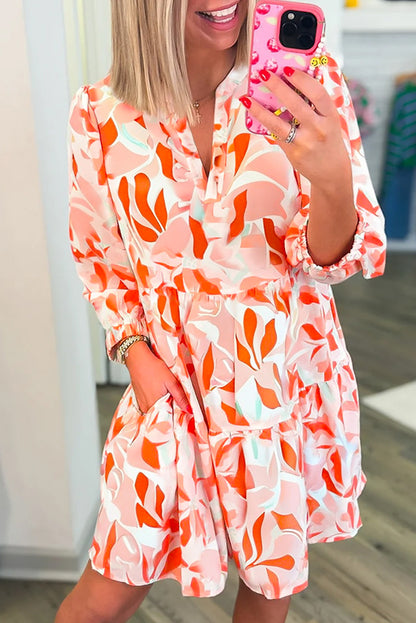 Orange Abstract Print Split Neck Long Sleeve Dress
