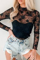 Black Mock Neck Floral Lace Mesh Long Sleeve Top