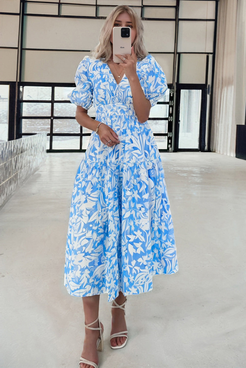 Sky Blue Floral Print Deep V Neck Puff Sleeve Flowy Dress