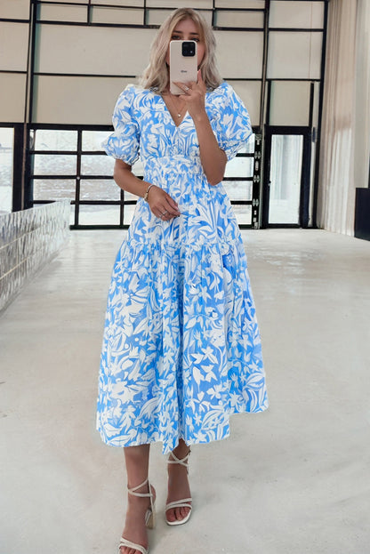 Sky Blue Floral Print Deep V Neck Puff Sleeve Flowy Dress