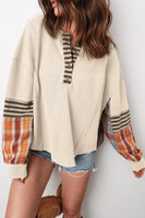 Beige Waffle Stripe Plaid Patchwork Henley Top