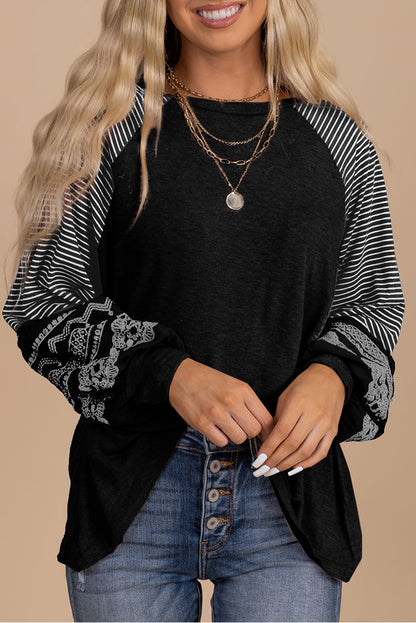 Black Contrast Print Striped Raglan Long Sleeve Loose Top