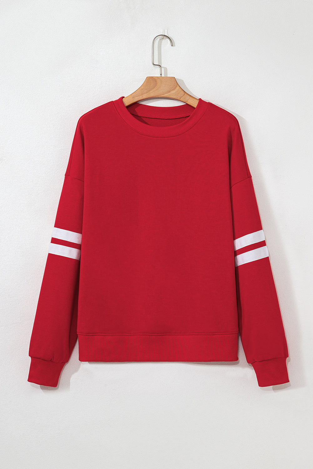 Fiery Red Preppy Striped Sleeve Loose Sweatshirt