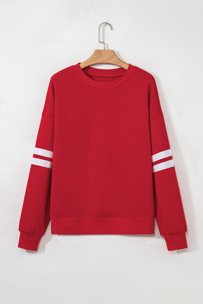 Fiery Red Preppy Striped Sleeve Loose Sweatshirt
