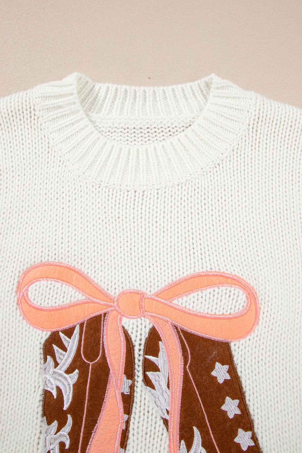 White Embroidered Bow Boots Graphic Drop Shoulder Sweater