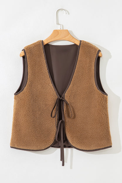 Light French Beige Fleece Tie Front Winter Vest