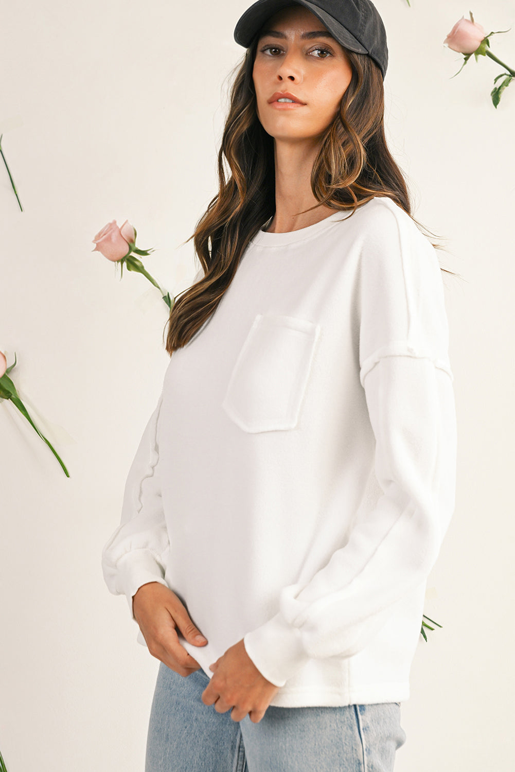 White Solid Color Drop Sleeve Pullover Sweatshirt