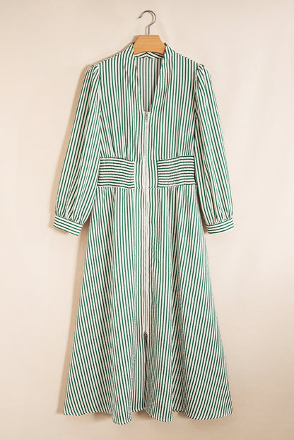 Green Striped V Neck Zip Front Cinched High Waist Midi Dress
