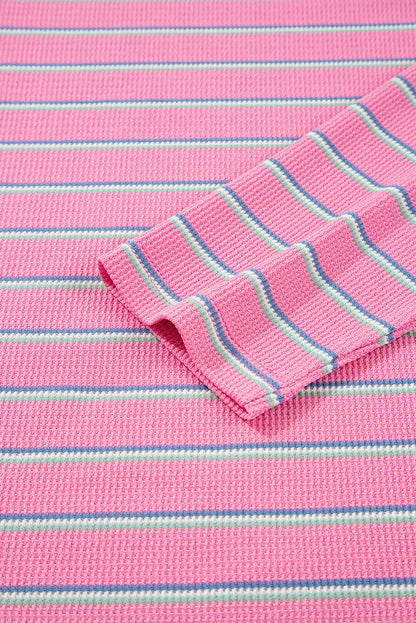 Rose Striped Textured Knit Puff Sleeve Round Neck Top