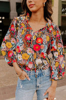 Black Floral Print 3/4 Puff Sleeve Frill Neck Blouse