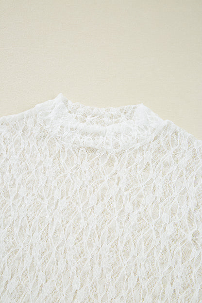 White Sheer Lace Bell Sleeve Mock Neck Blouse