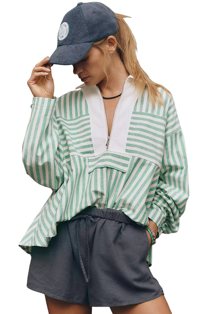 Green Striped Zipper Collar Long Sleeve Top