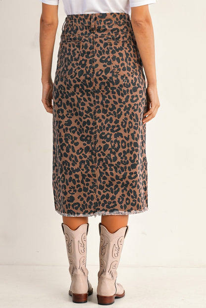 Brown Leopard Frayed Split Denim Midi Skirt