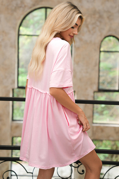 Light Pink Solid Color Pocket Raw Edge Babydoll Dress