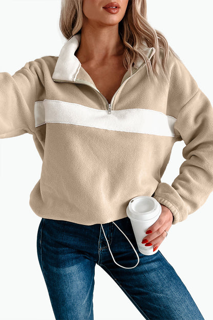 Parchment Fleece Colorblock Patchwork Zipped Collar Pullover Sweatshirt