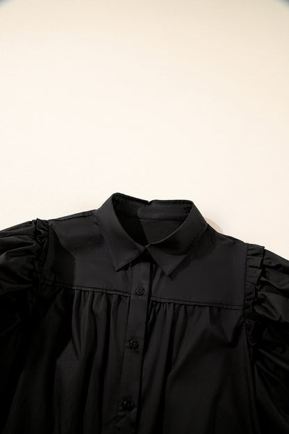 Black Solid Color Puff Sleeve Stylish Collared Shirt