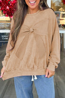 Light French Beige Mineral Wash Waffle Bow Patched Pullover Sweatshirt