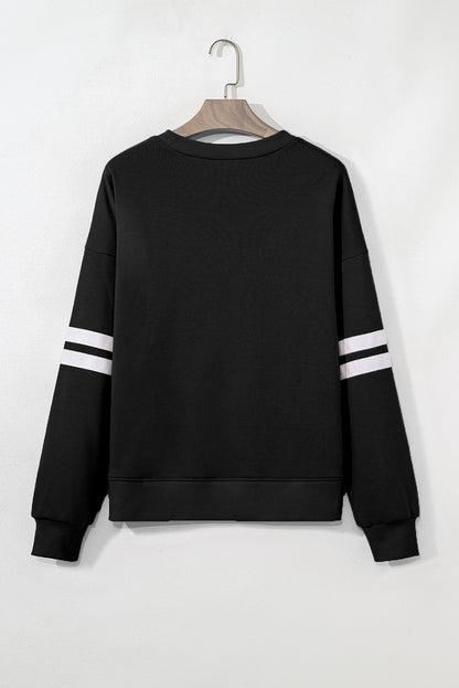 Black Preppy Striped Sleeve Loose Sweatshirt