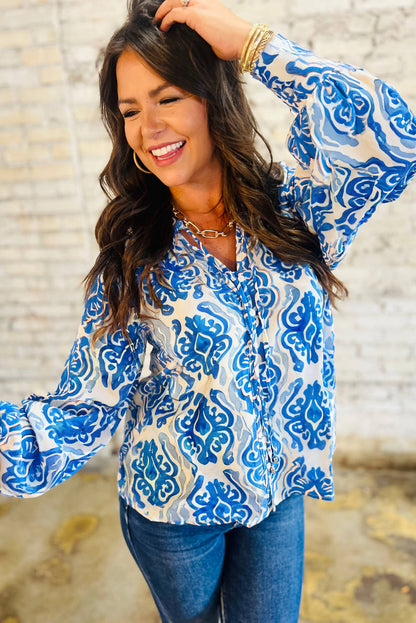 Sky Blue Tie Split Neck Ethnic Print Button Down Puff Sleeve Shirt