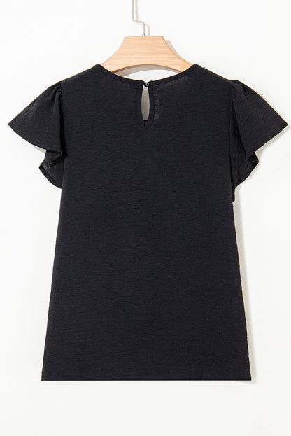 Black Flounce Sleeve Pleated Textured Blouse