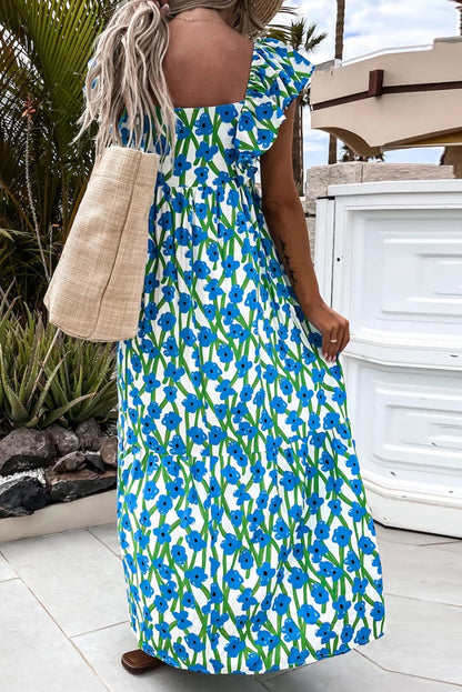 Blue Floral Print Square Neck Ruffled Strap Maxi Dress