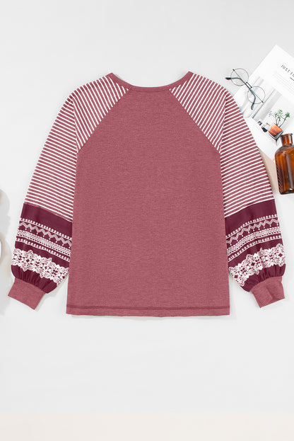 Mineral Red Contrast Print Striped Raglan Long Sleeve Loose Top